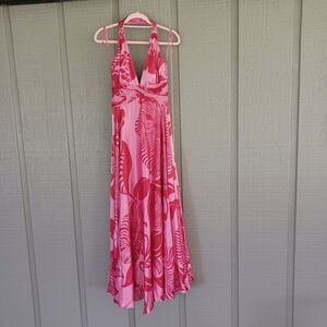 Marc Bouwer Glamit Silk Floral Maxi Dress Size 4 Y2K Wedding Guest Halter Neck